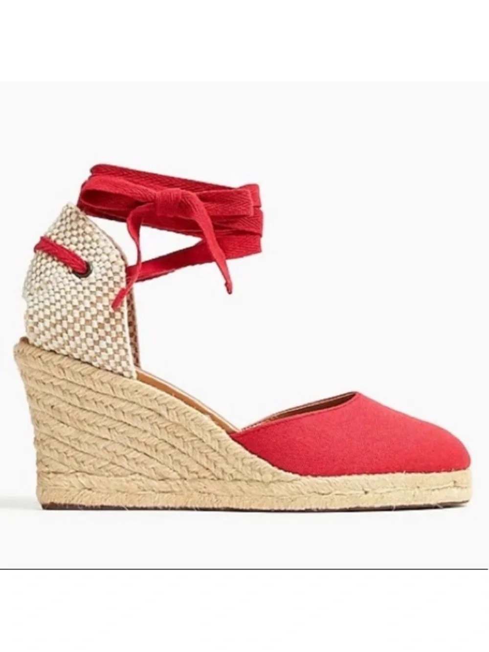 J. Crew Red Canvas Espadrille Wedge Sandals with Ankle Wrap